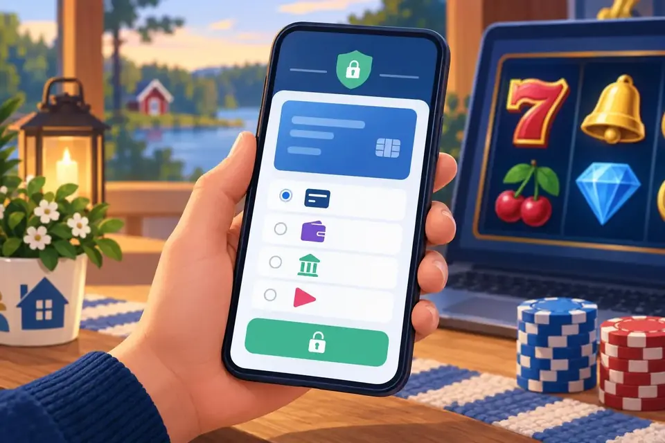 En hand håller en mobiltelefon med en enkel kassavy och betalningssymboler på skärmen.