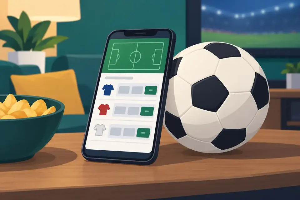 Casinostugan betting och odds på sport En mobil med en öppen sportspelskupong ligger bredvid en fotboll på ett bord.