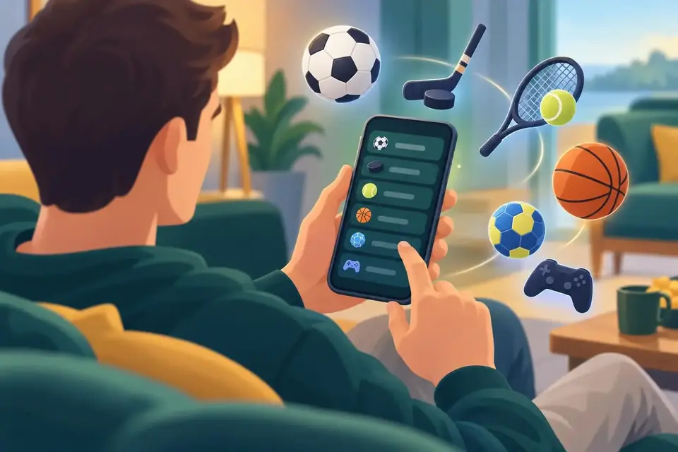 Sporter och ligor i utbudet En person bläddrar bland sportmatcher på mobilen, omgiven av utrustning för flera sporter.