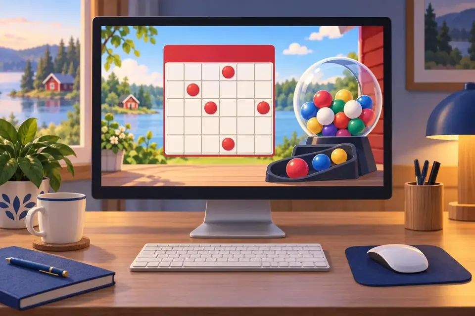 En datorskärm visar ett bingoinspirerat spel med färgade bingobollar och en spelbricka.