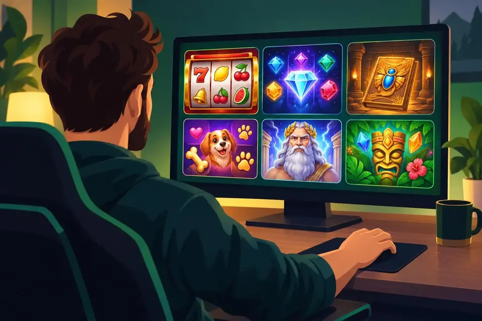 Casinostugan casino & slots: spelautomater på nätet En person tittar på klassiska och moderna spelautomater på en datorskärm.