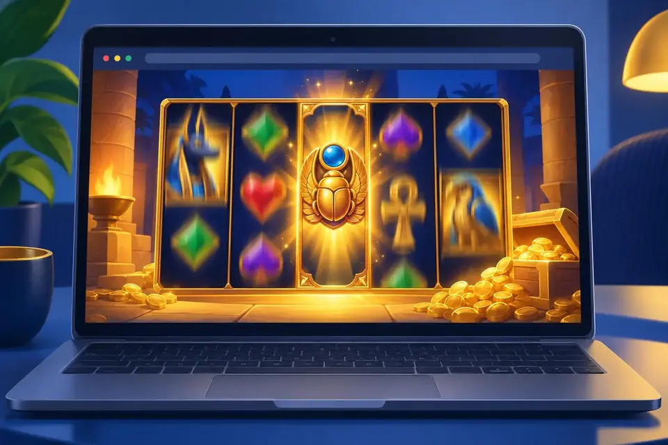 Kan man provspela slots gratis i demoläge hos Casinostugan? En spelautomat med snurrande hjul visas på en bärbar dators skärm.