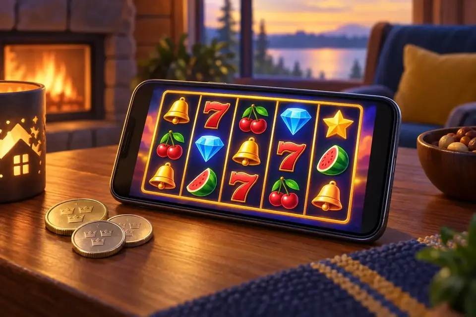 Casinostugan free spins och aktuella regler En mobil med en spelautomat på skärmen och svenska mynt bredvid.