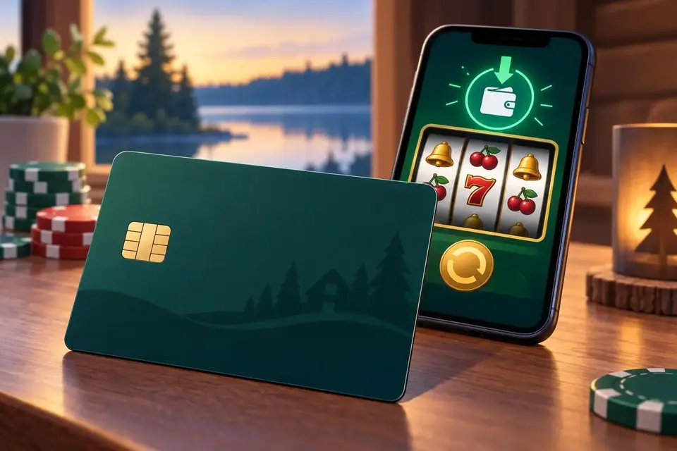 Ett bankkort ligger framför en mobil med ett enkelt spel och en insättningsikon.