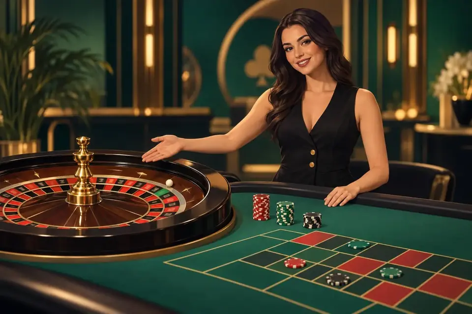 Casinostugan live casino med bordsspel och riktiga dealers En croupier står vid ett roulettebord med en roulettekula och marker.