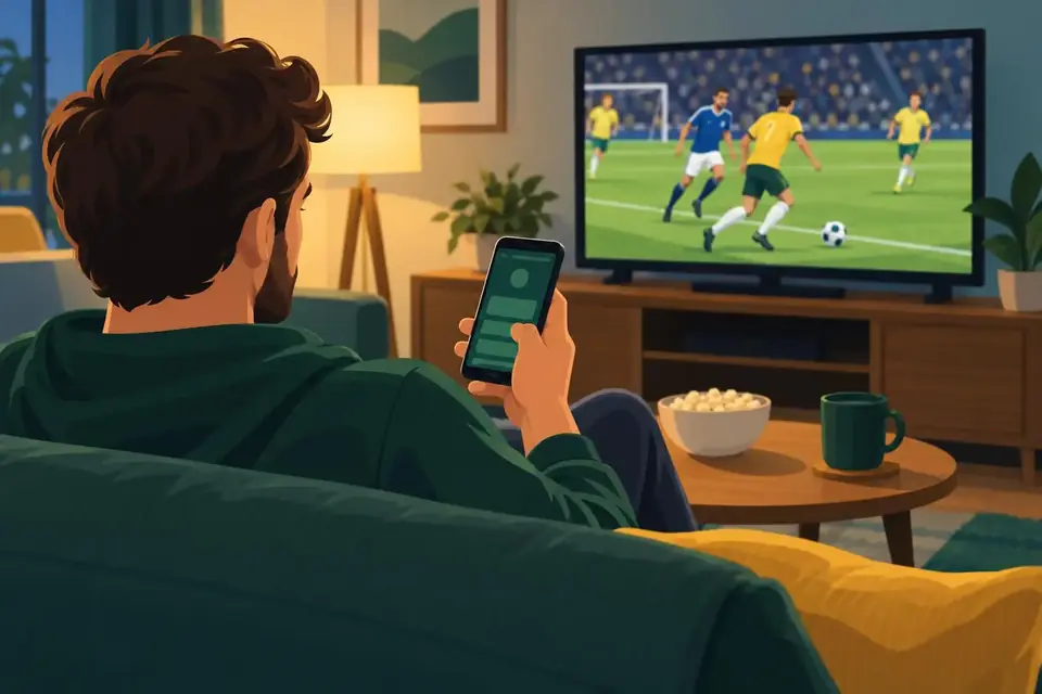 Casinostugan odds bonus och regler för sportspel En person håller i en mobil medan en fotbollsmatch visas på tv.