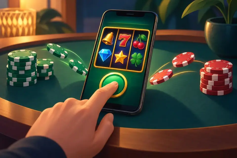 En hand spelar på en mobil med färgglada spelhjul och två högar marker bredvid.