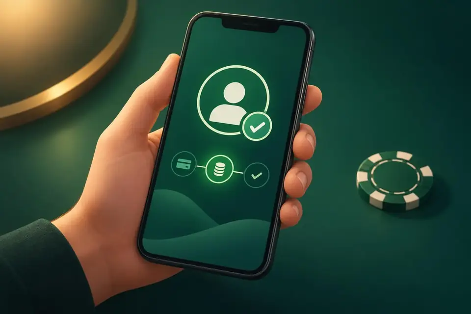 En hand håller en mobil med en symbol för identitetsverifiering.