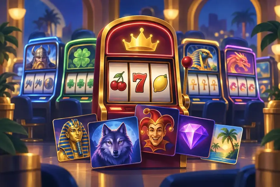 Flera spelautomater står tillsammans med olika symboler på hjulen.