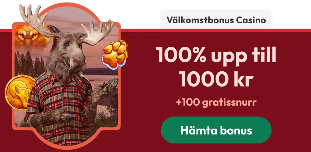 Casinostugans välkomstbonus: 100 % upp till 1 000 kr och 100 gratissnurr