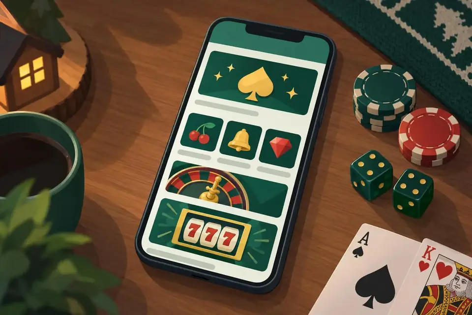 Vem äger Casinostugan: licens, ägarstruktur och företagsinformation En mobiltelefon med ett enkelt casinogränssnitt på skärmen står på ett bord.