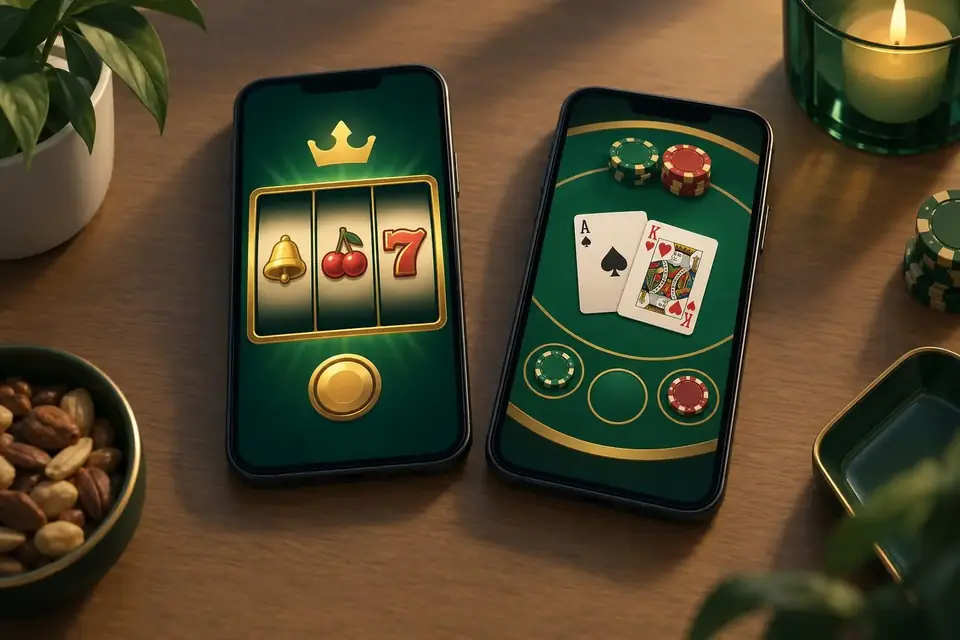 Vilka casinon har samma ägare Två mobiltelefoner visar olika enkla casinogränssnitt.